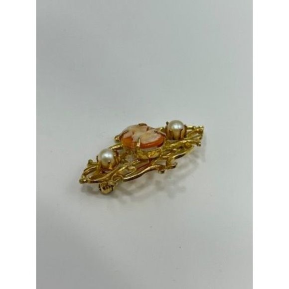 Vintage Petite Cameo Pin Genuine Carved Shell Gold Tone Setting Faux Pearls - Picture 4 of 8
